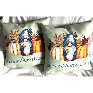 Lot of 2 Mainstays Outdoor Square Pillows Gnome Sweet Gnome 16" x 16" NEW
